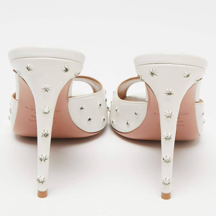 Pre Owned Aquazzura White Studded Leather Wish Slide Sandals Size 37.5