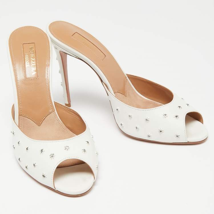 Pre Owned Aquazzura White Studded Leather Wish Slide Sandals Size 37.5