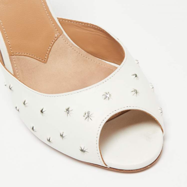 Pre Owned Aquazzura White Studded Leather Wish Slide Sandals Size 37.5