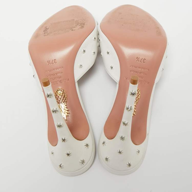 Pre Owned Aquazzura White Studded Leather Wish Slide Sandals Size 37.5