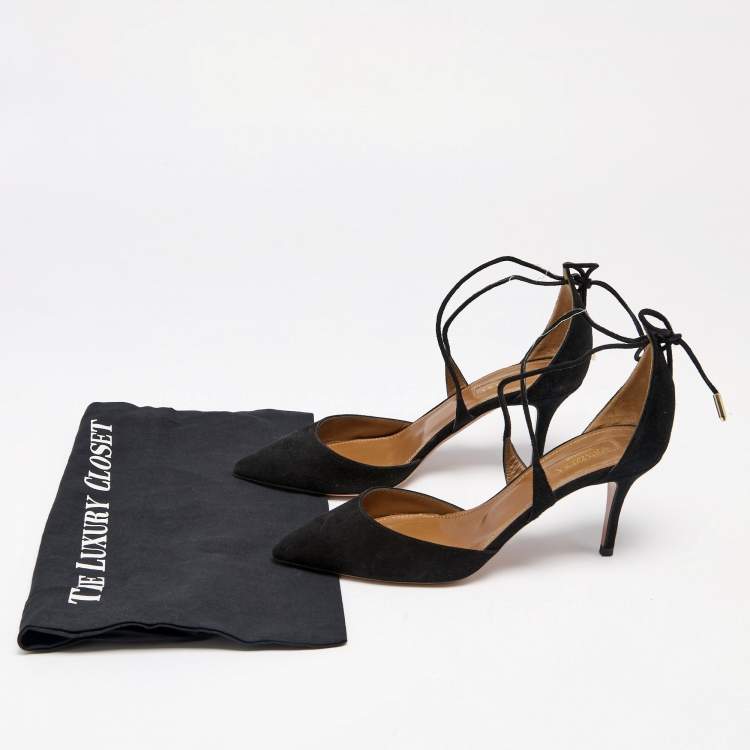 Pre Owned Aquazzura Black Suede Matilde Tie Up Pointed Toe Pumps Size 37.5