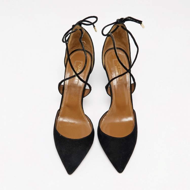 Pre Owned Aquazzura Black Suede Matilde Tie Up Pointed Toe Pumps Size 37.5