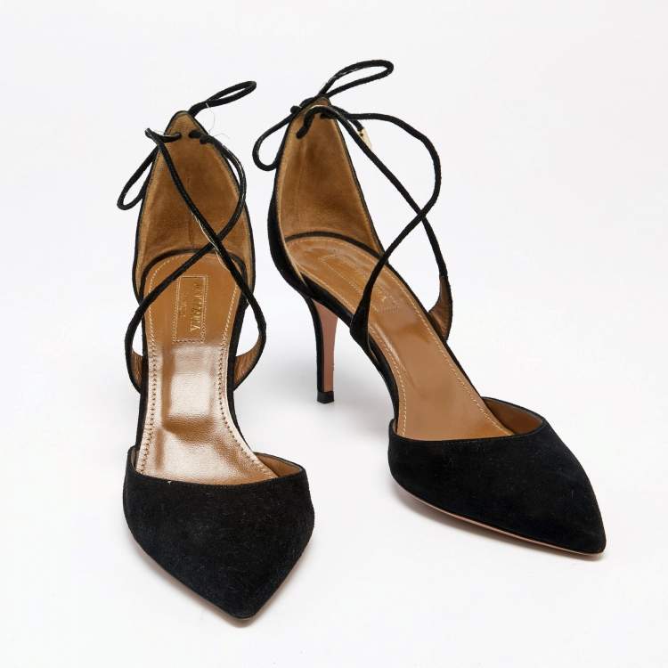 Pre Owned Aquazzura Black Suede Matilde Tie Up Pointed Toe Pumps Size 37.5