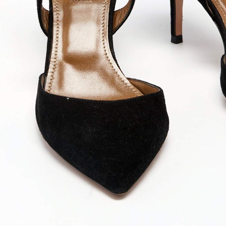 Pre Owned Aquazzura Black Suede Matilde Tie Up Pointed Toe Pumps Size 37.5