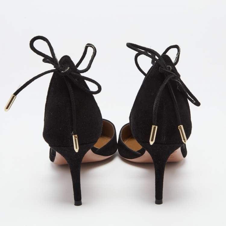 Pre Owned Aquazzura Black Suede Matilde Tie Up Pointed Toe Pumps Size 37.5
