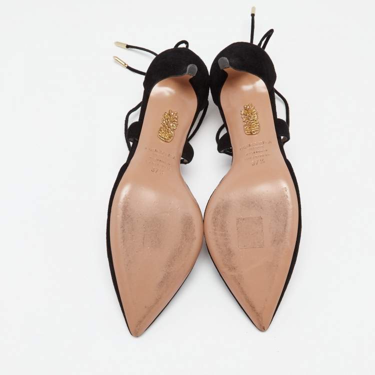 Pre Owned Aquazzura Black Suede Matilde Tie Up Pointed Toe Pumps Size 37.5