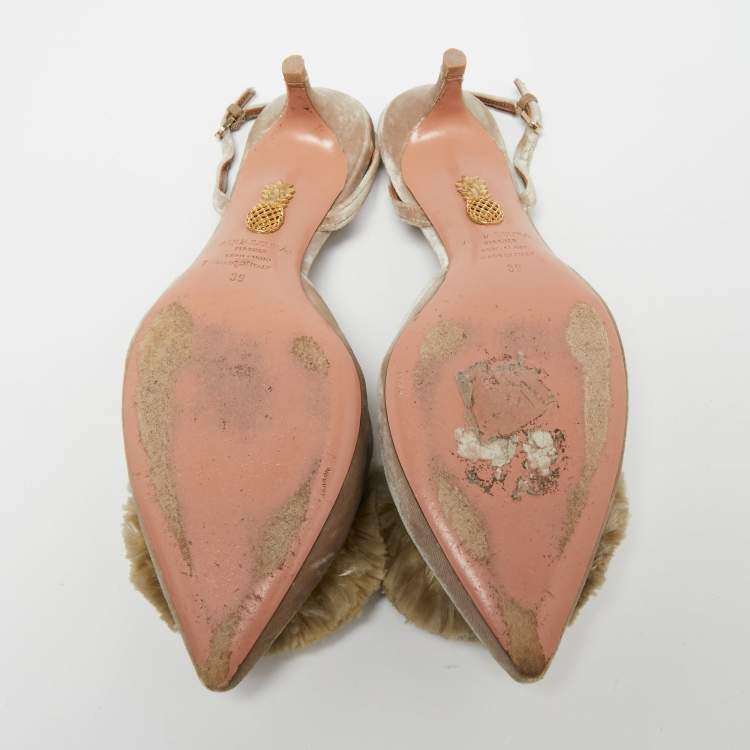 Pre Owned Aquazzura Light Grey Velvet Power Puff  Slingback Sandals Size 39