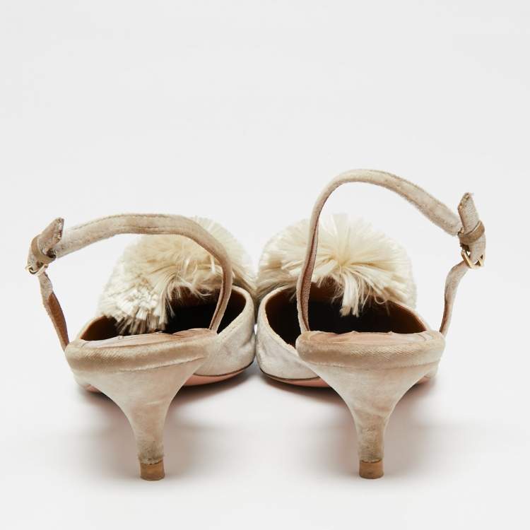 Pre Owned Aquazzura Light Grey Velvet Power Puff  Slingback Sandals Size 39