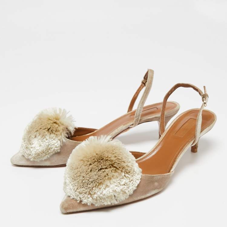 Pre Owned Aquazzura Light Grey Velvet Power Puff  Slingback Sandals Size 39