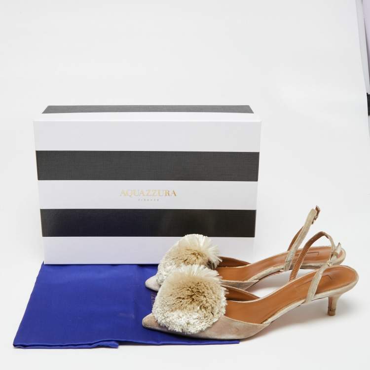 Pre Owned Aquazzura Light Grey Velvet Power Puff  Slingback Sandals Size 39