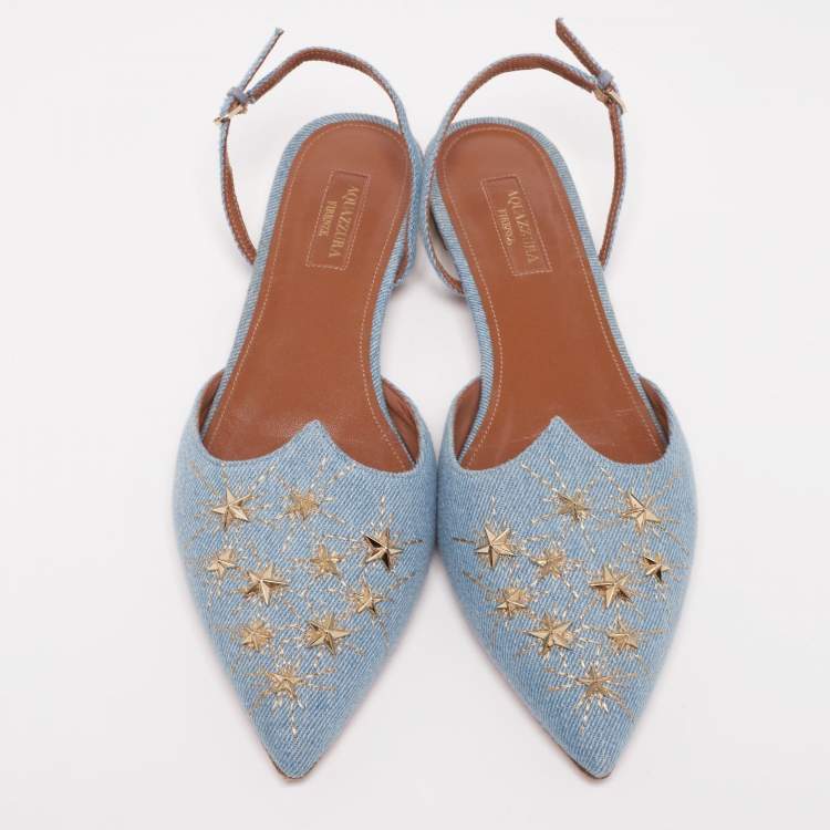 Pre Owned Aquazzura Light Blue Denim Nairobi Pointed-Toe Slingback Flats Size 40