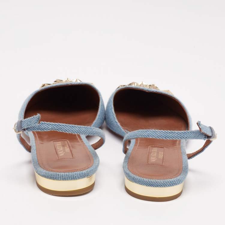 Pre Owned Aquazzura Light Blue Denim Nairobi Pointed-Toe Slingback Flats Size 40