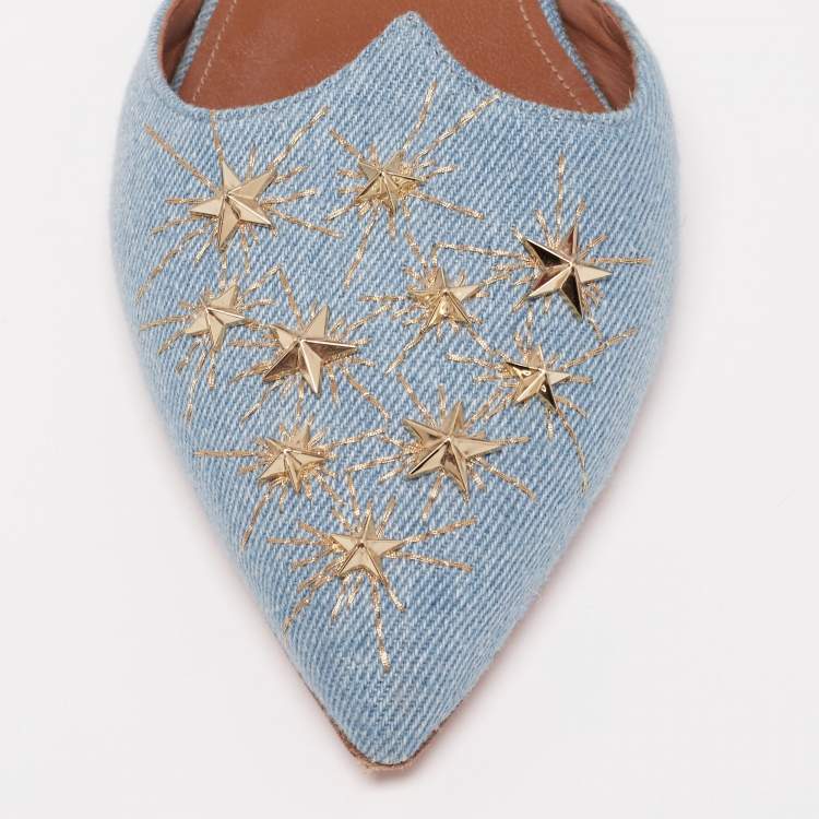Pre Owned Aquazzura Light Blue Denim Nairobi Pointed-Toe Slingback Flats Size 40