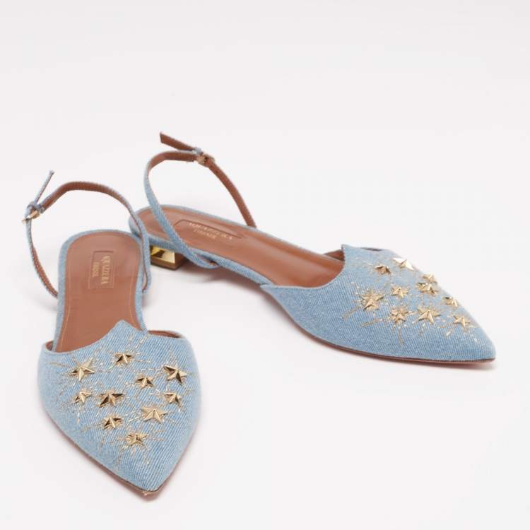 Pre Owned Aquazzura Light Blue Denim Nairobi Pointed-Toe Slingback Flats Size 40