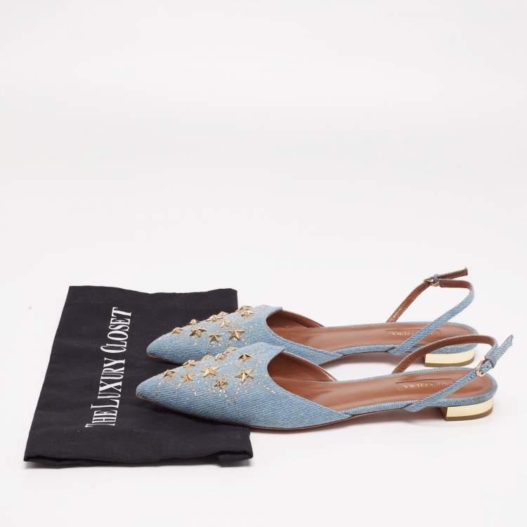 Pre Owned Aquazzura Light Blue Denim Nairobi Pointed-Toe Slingback Flats Size 40