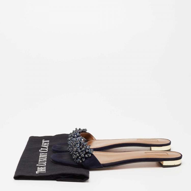 Pre Owned Aquazzura Blue Crystal Embellished Suede Slide Sandals Size 41