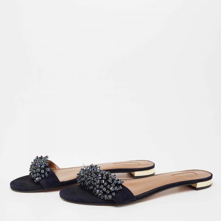 Pre Owned Aquazzura Blue Crystal Embellished Suede Slide Sandals Size 41