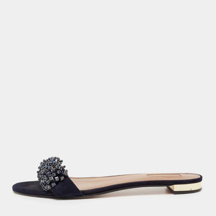 Pre Owned Aquazzura Blue Crystal Embellished Suede Slide Sandals Size 41