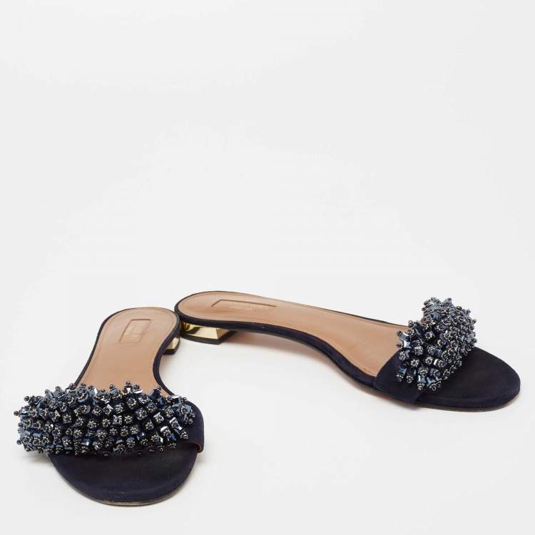 Pre Owned Aquazzura Blue Crystal Embellished Suede Slide Sandals Size 41