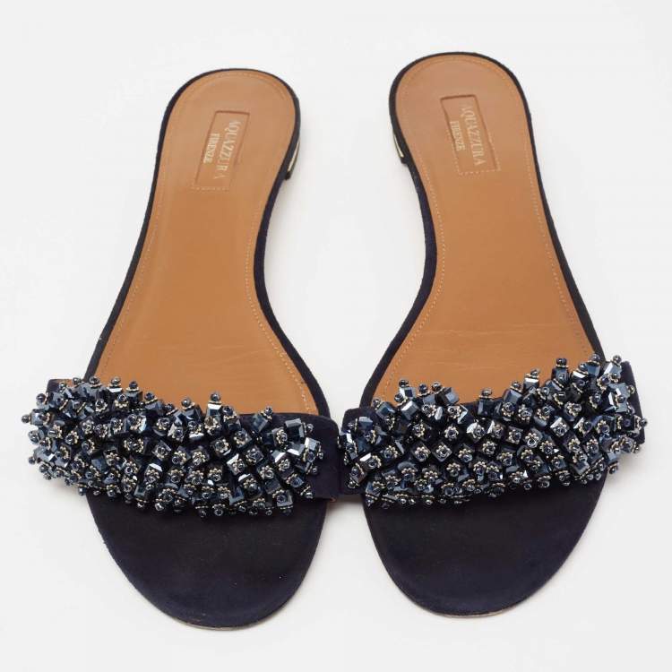 Pre Owned Aquazzura Blue Crystal Embellished Suede Slide Sandals Size 41