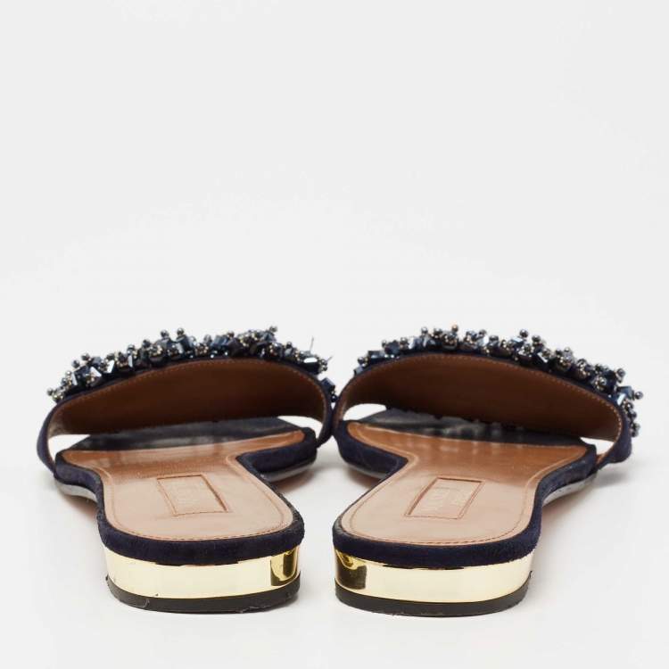Pre Owned Aquazzura Blue Crystal Embellished Suede Slide Sandals Size 41