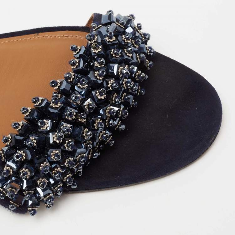 Pre Owned Aquazzura Blue Crystal Embellished Suede Slide Sandals Size 41