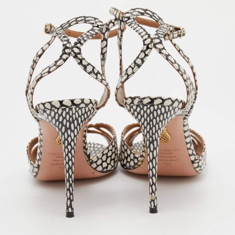 Pre Owned Aquazzura White/Black Python Open Toe Ankle Strap Sandals Size 39