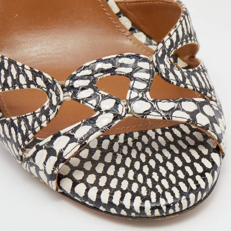 Pre Owned Aquazzura White/Black Python Open Toe Ankle Strap Sandals Size 39
