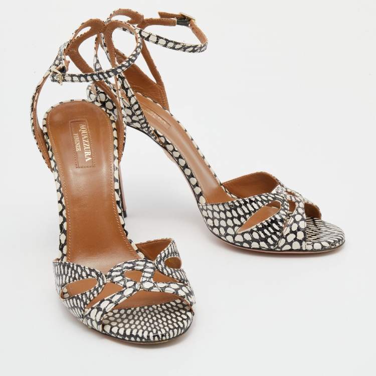 Pre Owned Aquazzura White/Black Python Open Toe Ankle Strap Sandals Size 39