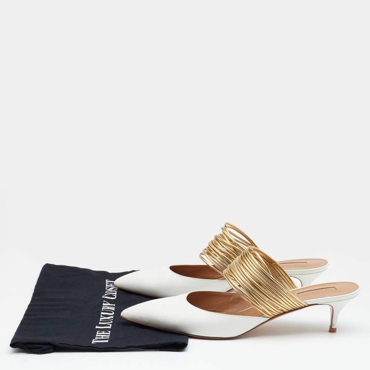 Pre Owned Aquazzura White/Gold Leather Rendez Vous Mules Size 41 