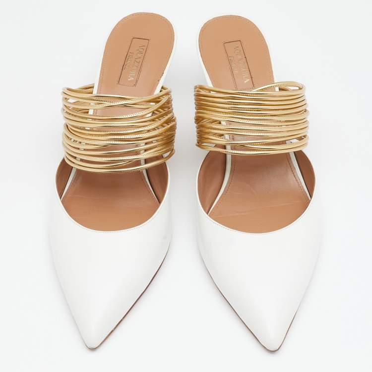 Pre Owned Aquazzura White/Gold Leather Rendez Vous Mules Size 41 
