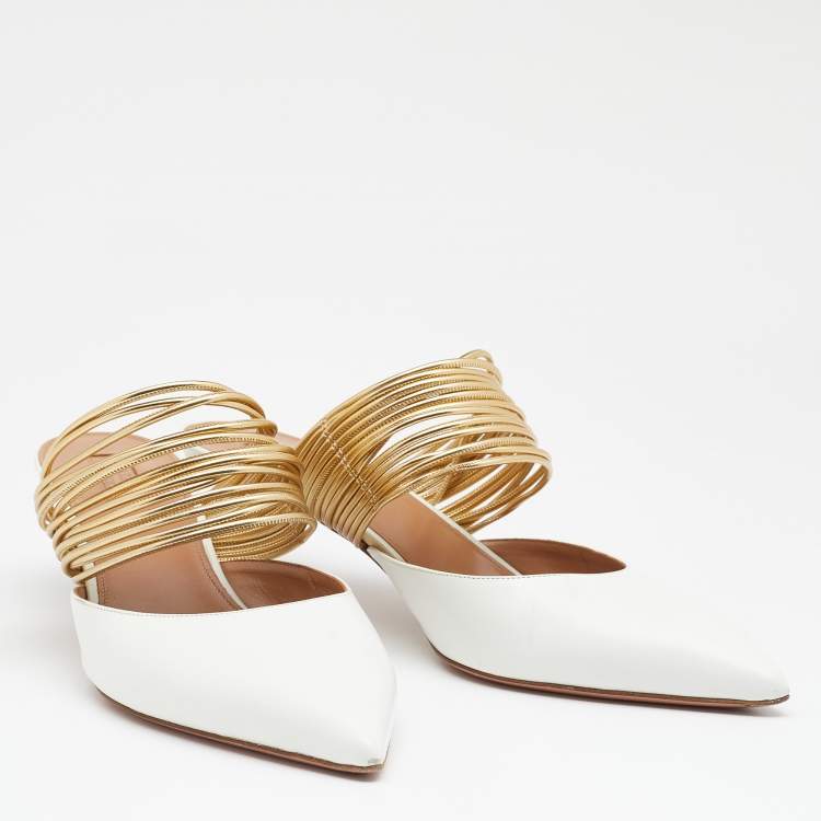Pre Owned Aquazzura White/Gold Leather Rendez Vous Mules Size 41 