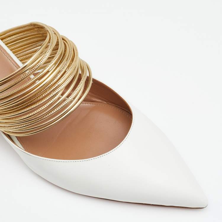 Pre Owned Aquazzura White/Gold Leather Rendez Vous Mules Size 41 