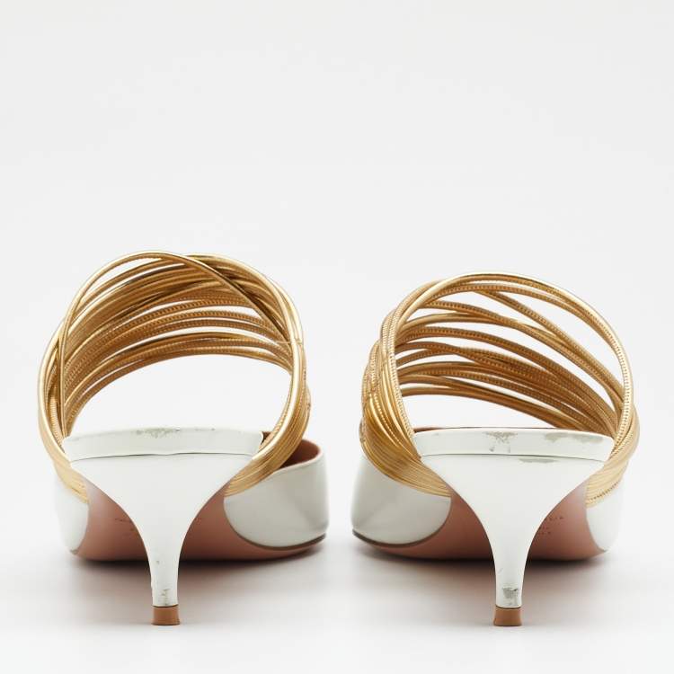 Pre Owned Aquazzura White/Gold Leather Rendez Vous Mules Size 41 