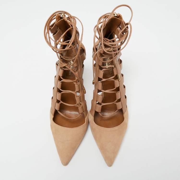 Pre Owned Aquazzura Beige Suede and Leather Amazon Ankle Tie Pumps Size 40