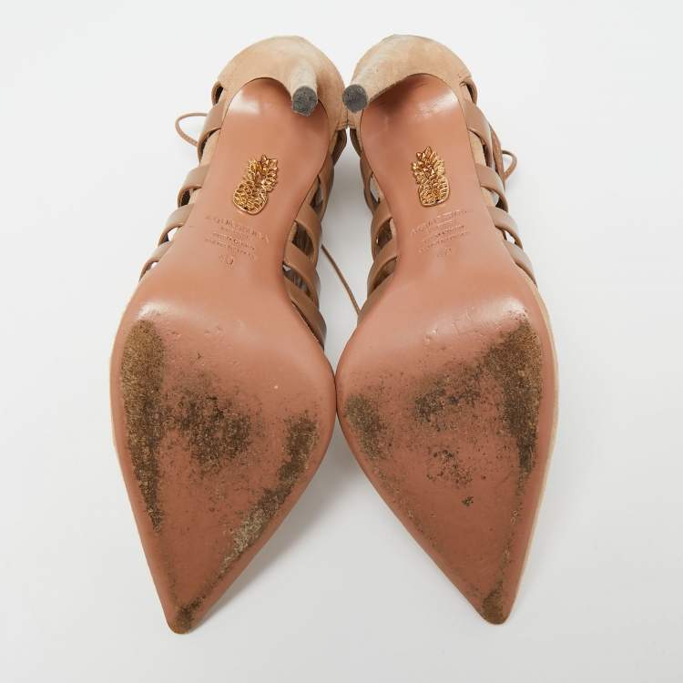 Pre Owned Aquazzura Beige Suede and Leather Amazon Ankle Tie Pumps Size 40