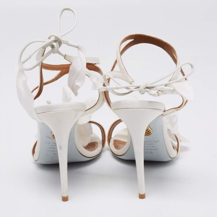 Pre Owned Aquazzura White Floral Applique Fabric Ankle Wrap Sandals Size 38.5 