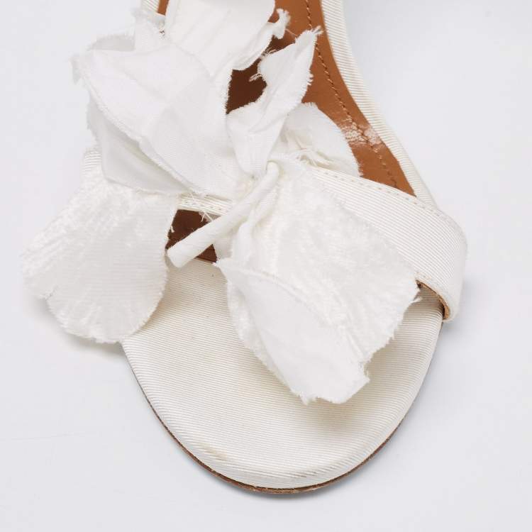 Pre Owned Aquazzura White Floral Applique Fabric Ankle Wrap Sandals Size 38.5 