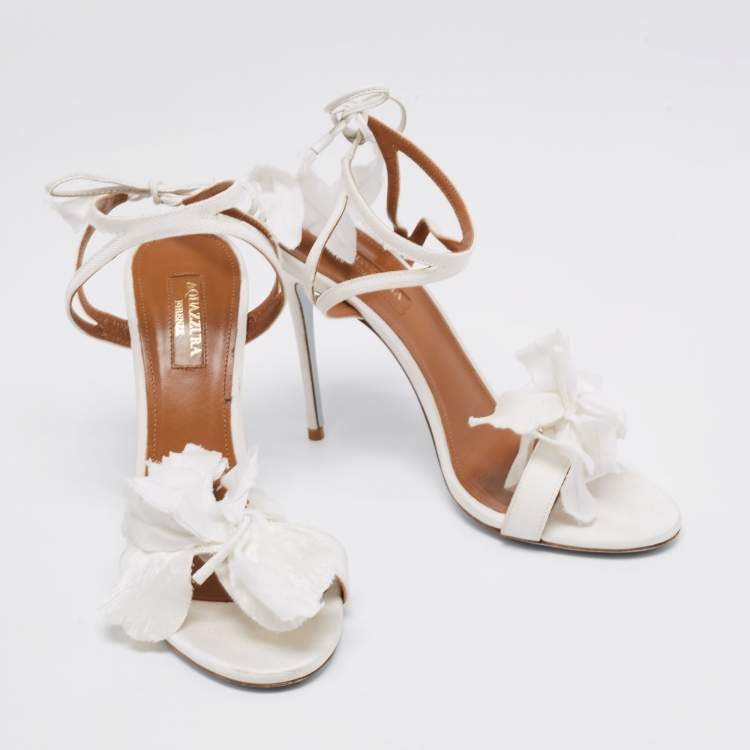 Pre Owned Aquazzura White Floral Applique Fabric Ankle Wrap Sandals Size 38.5 