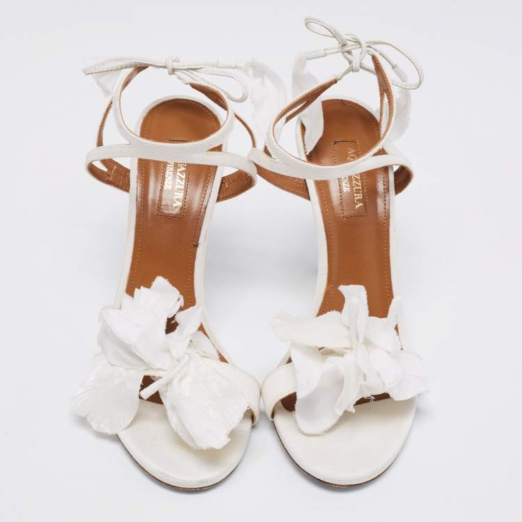 Pre Owned Aquazzura White Floral Applique Fabric Ankle Wrap Sandals Size 38.5 