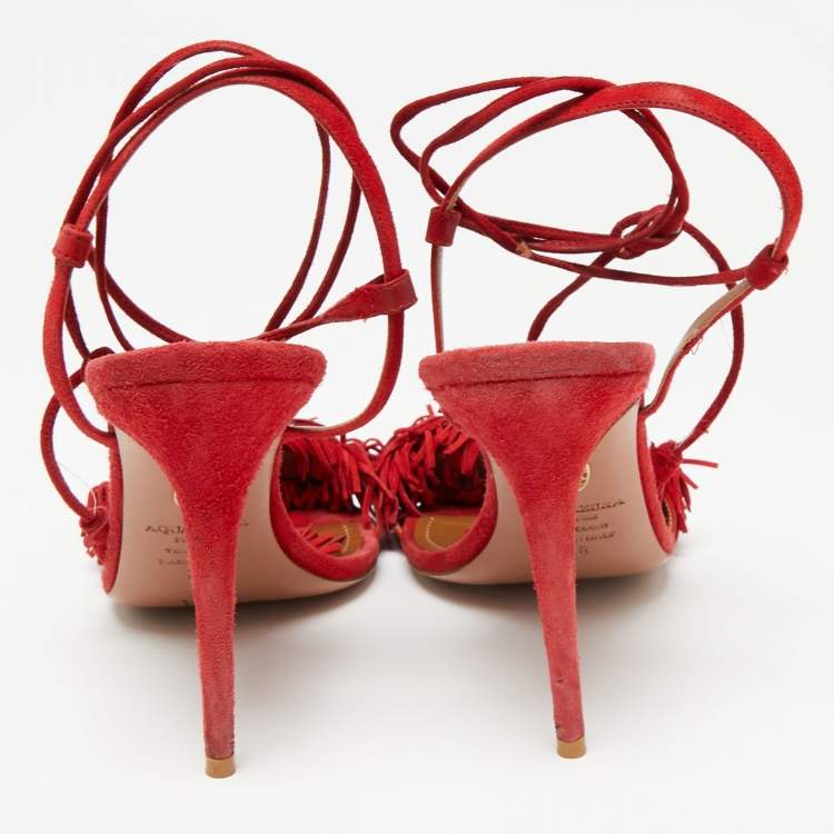 Pre Owned Aquazzura Red Fringed Suede Wild Thing Ankle-Tie Sandals Size 38 