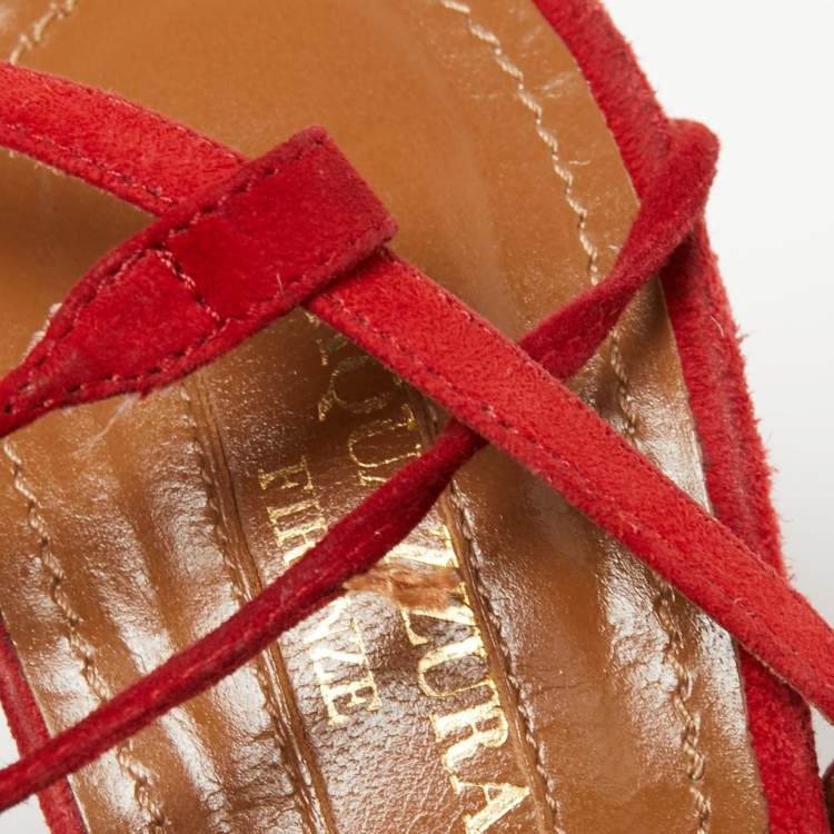 Pre Owned Aquazzura Red Fringed Suede Wild Thing Ankle-Tie Sandals Size 38 