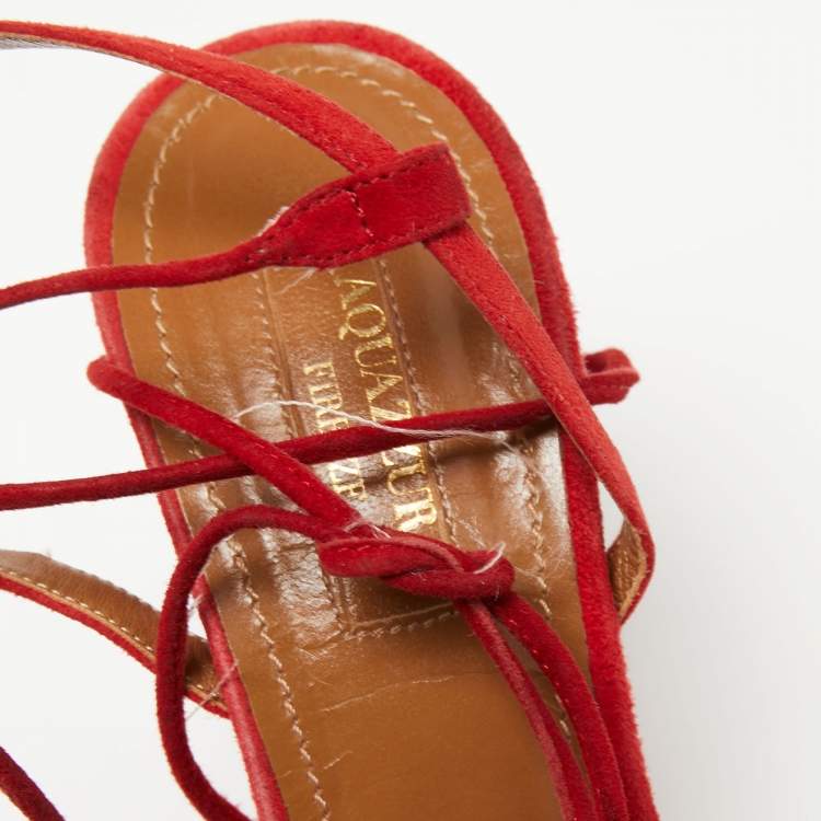Pre Owned Aquazzura Red Fringed Suede Wild Thing Ankle-Tie Sandals Size 38 
