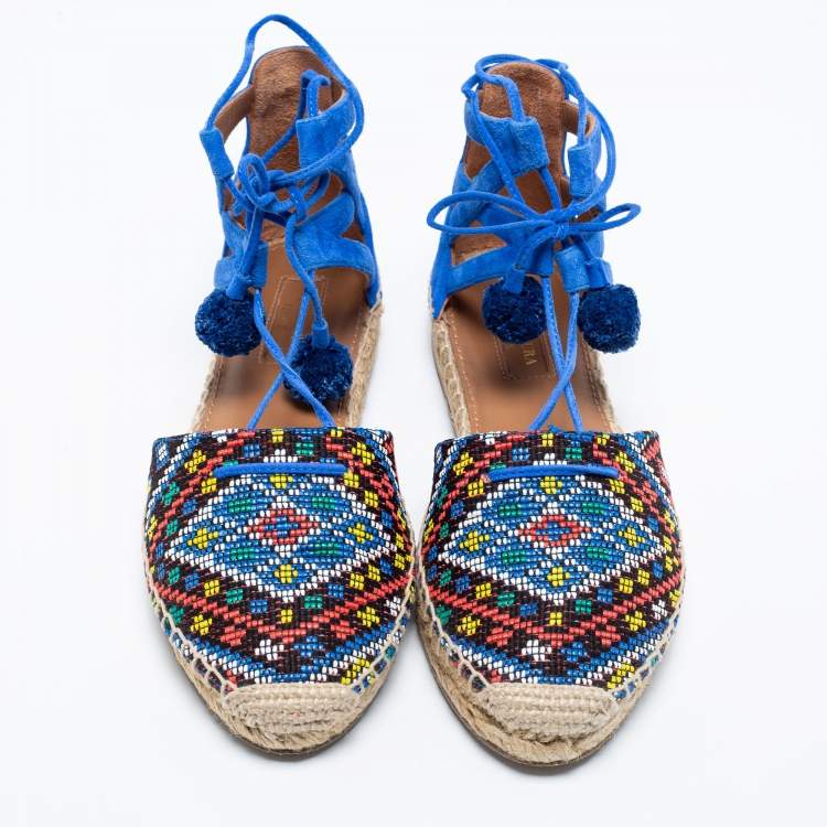 Pre Owned Aquazzura Blue Raffia And Suede Belgravia Lace Up Espadrille Flat Sandals Size 36