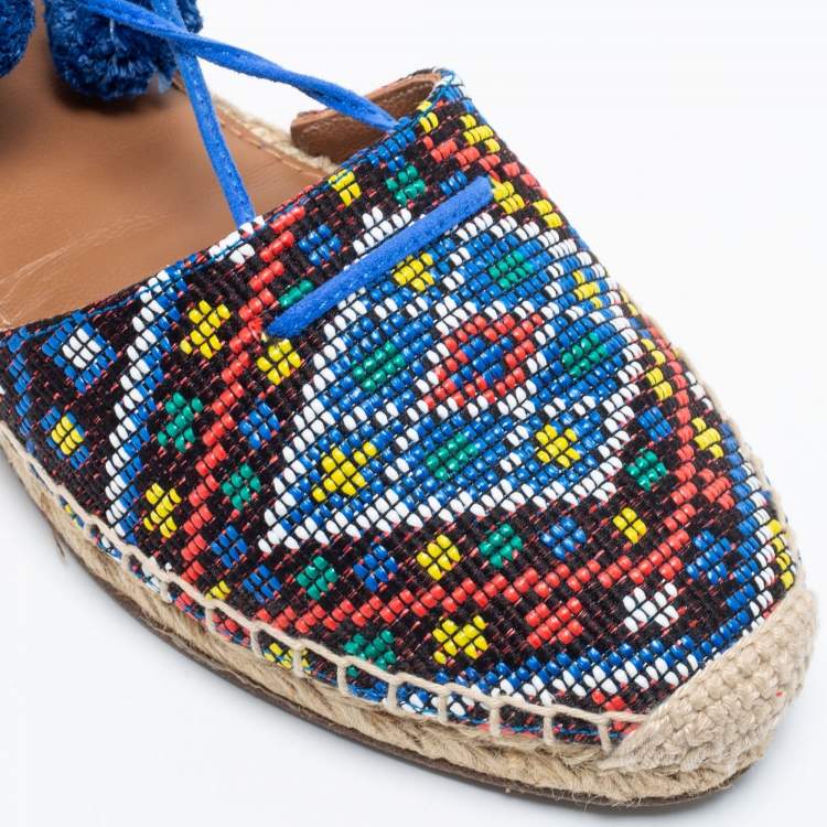 Pre Owned Aquazzura Blue Raffia And Suede Belgravia Lace Up Espadrille Flat Sandals Size 36