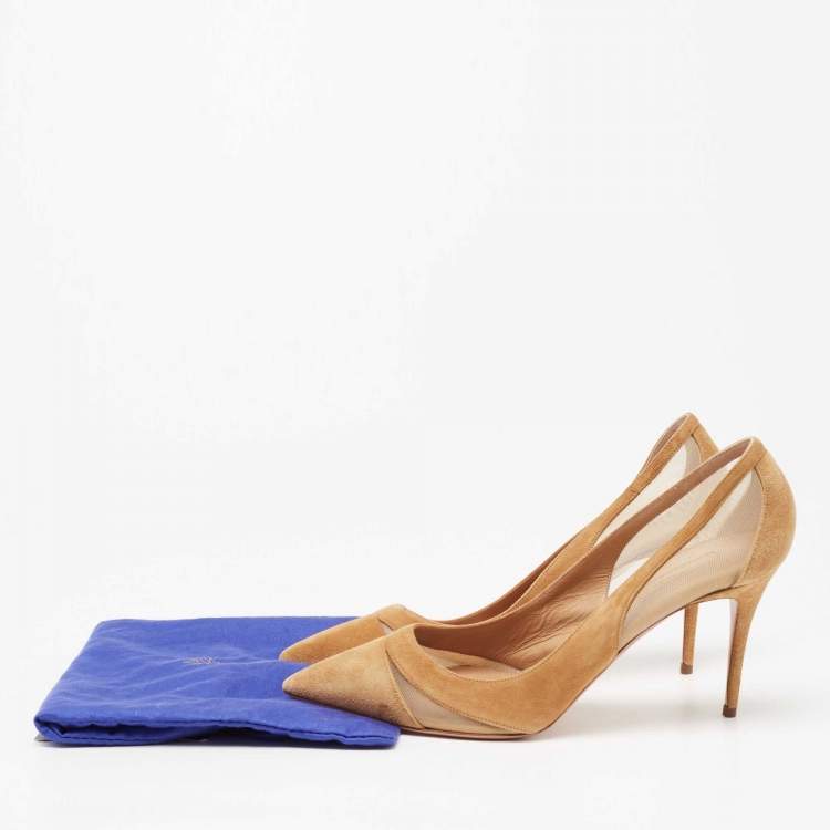 Pre Owned Aquazzura Tan Suede and Mesh Savoy Pumps Size 41