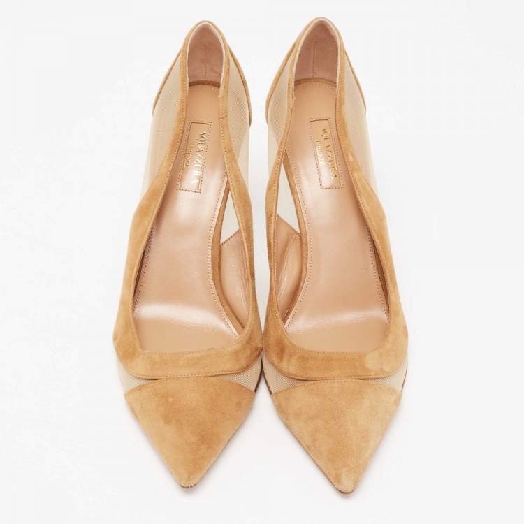 Pre Owned Aquazzura Tan Suede and Mesh Savoy Pumps Size 41
