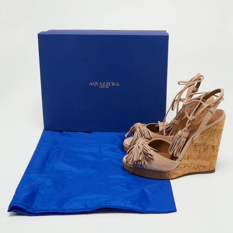 Pre Owned Aquazurra Beige Suede Wild One Cork Platform Wedge Sandals Size 36