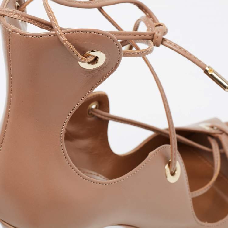 Pre Owned Aquazzura Beige Leather Tango Curvy Lace-Up Sandals Size 35.5 