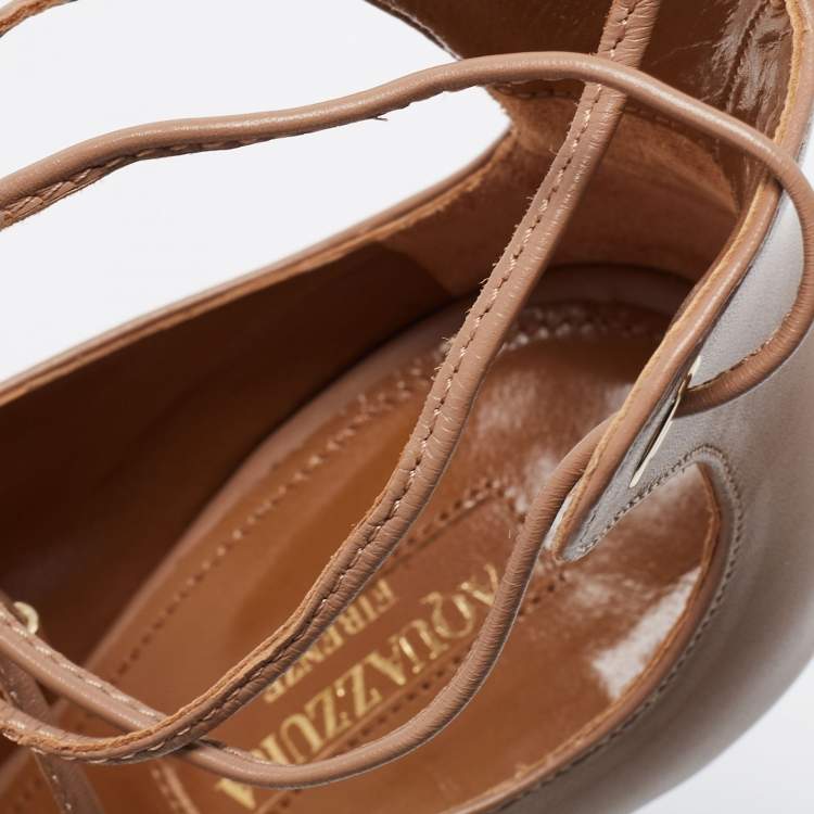 Pre Owned Aquazzura Beige Leather Tango Curvy Lace-Up Sandals Size 35.5 
